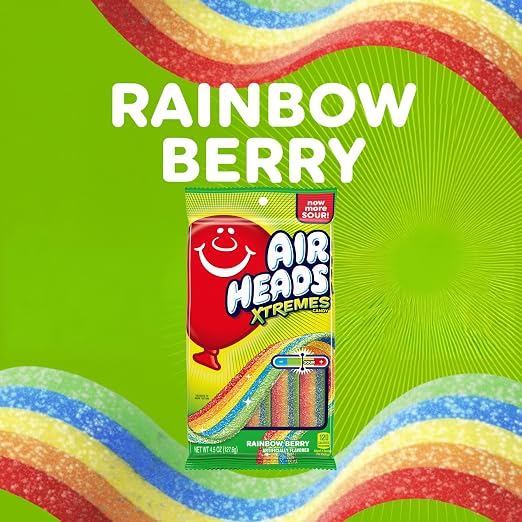 Airheads Xtremes Belts Candy Rainbow Berry Fruit Flavor Artificially Flavored 127.6g(4.5oz)