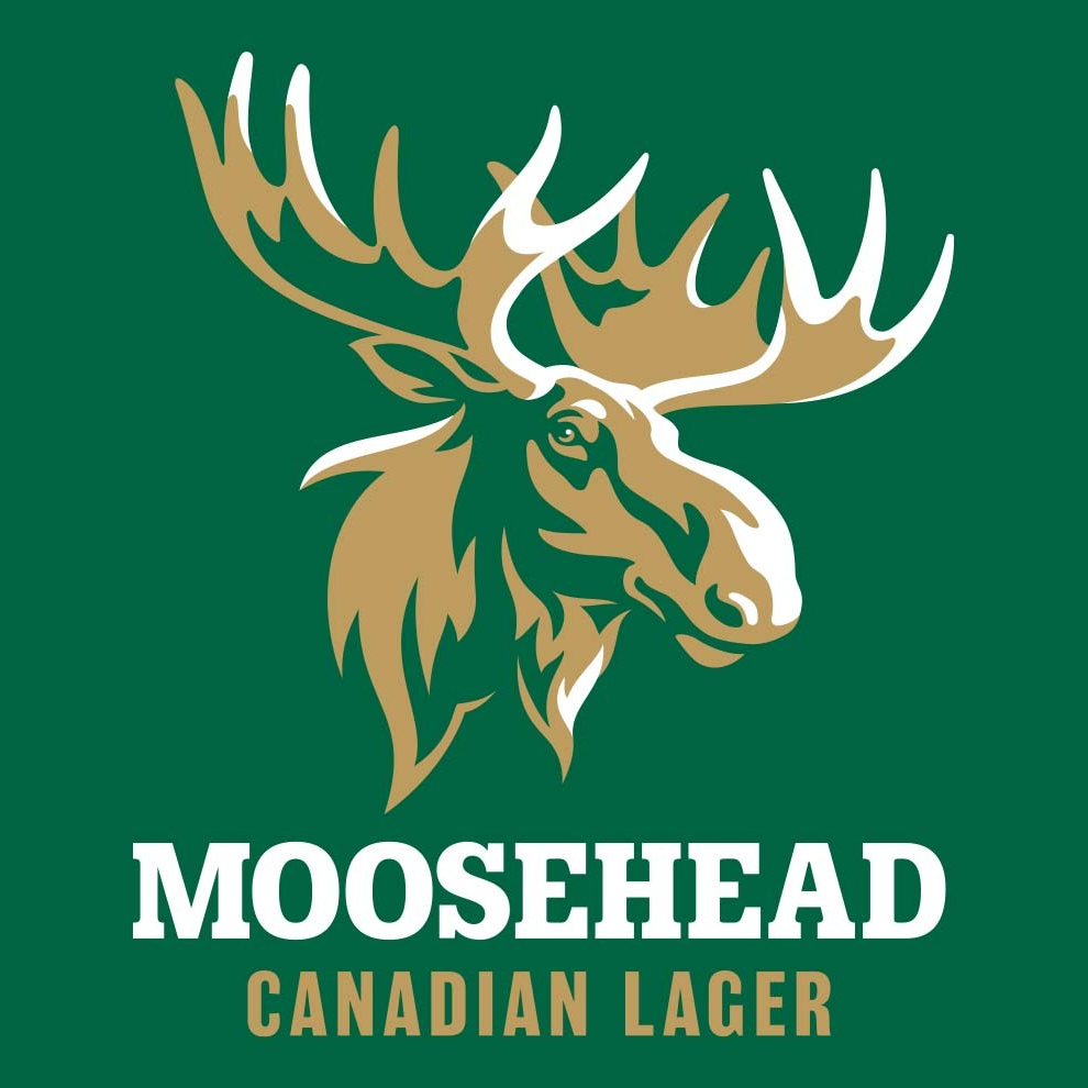 Moosehead Canadian Lager logo with a moose head on a green background