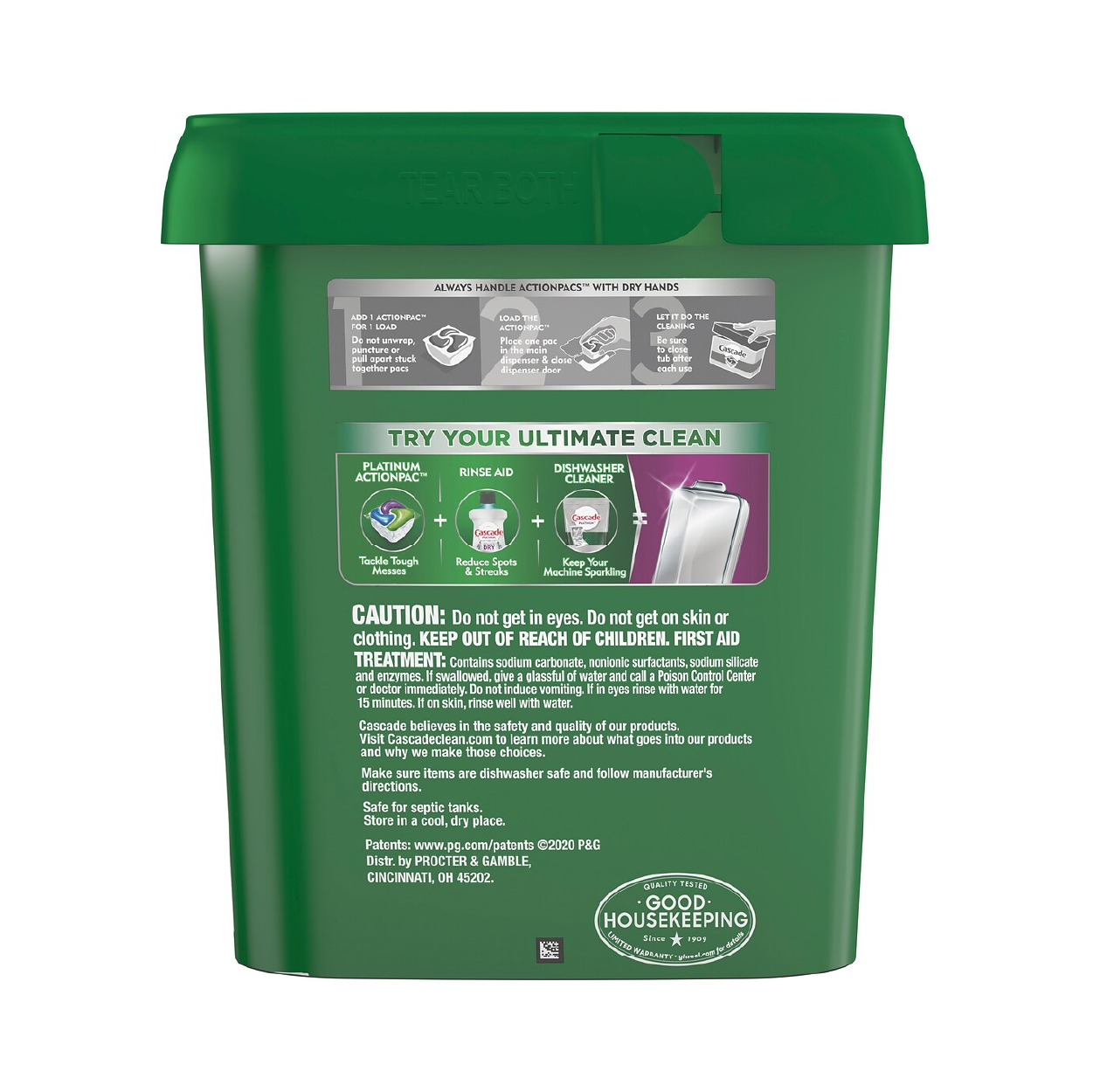 A box of Cascade Complete dishwasher pods with fresh scent, containing 90 pieces - back view