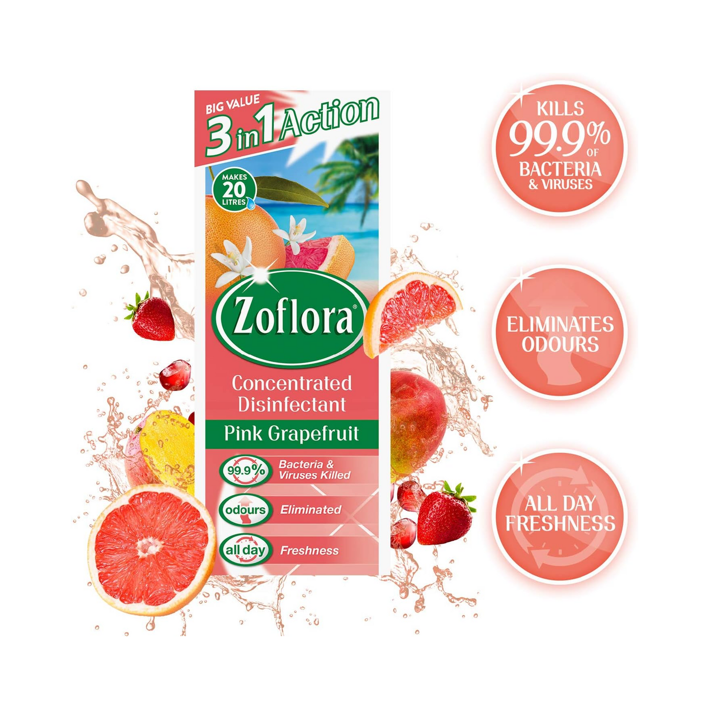 Zoflora Concentrated Disinfectant 3-in-1 Action, Pink Grapefruit Scent – 500 mL