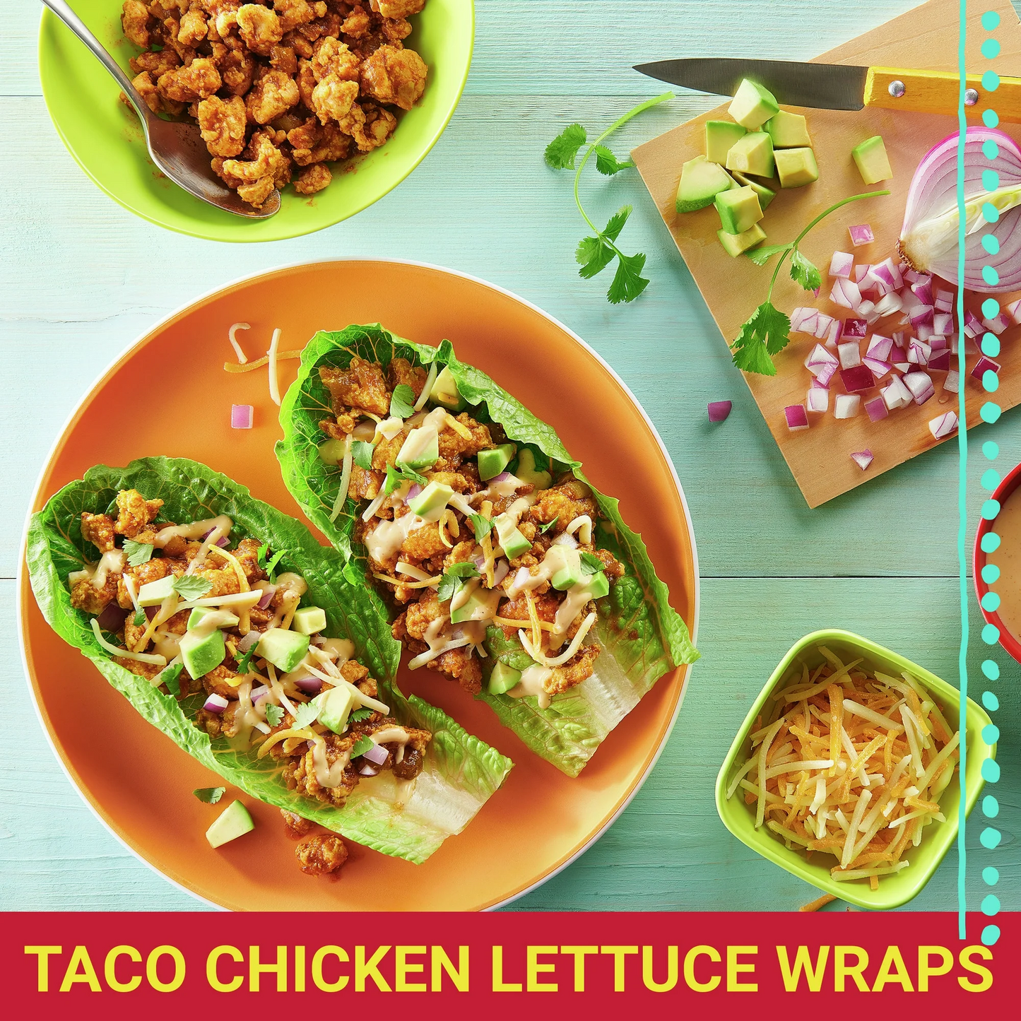Taco chicken lettuce wraps on an orange plate with ingredients on a wooden board.