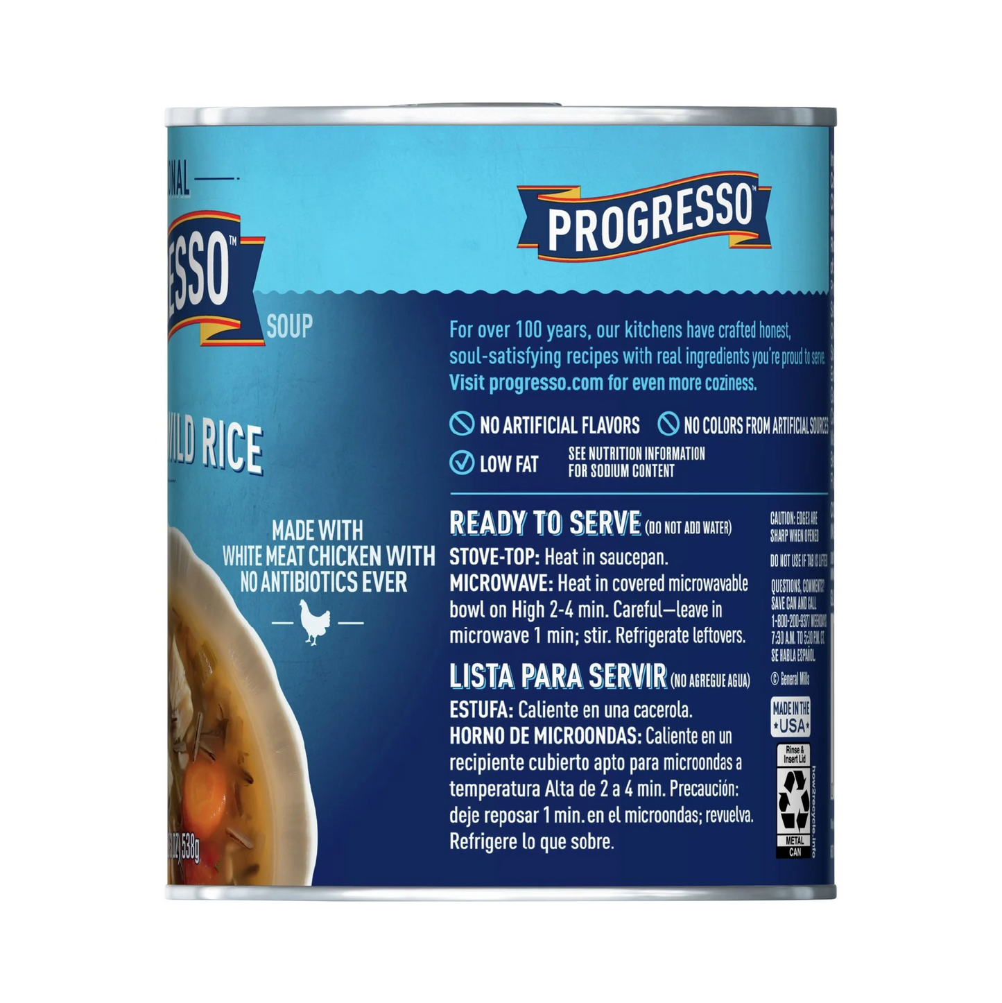 Can of Progresso Chicken and Wild Rice Soup with blue label