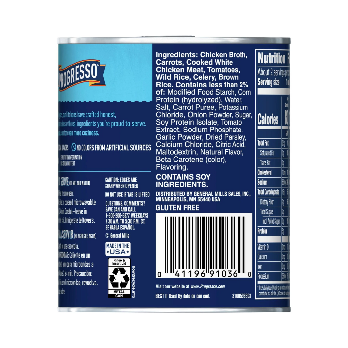 Back label of a Progresso can with ingredients and nutritional information.