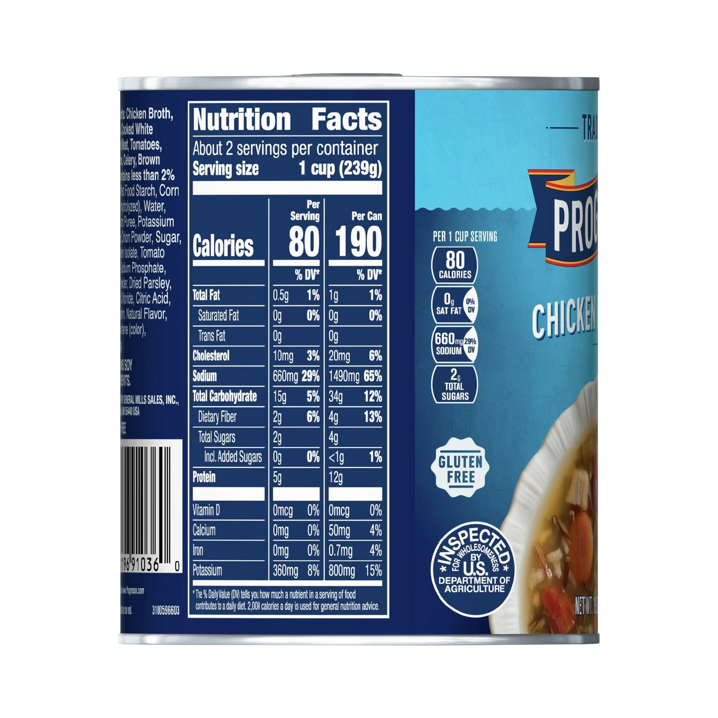 Can of Progresso Chicken Broth with nutrition facts label on a white background