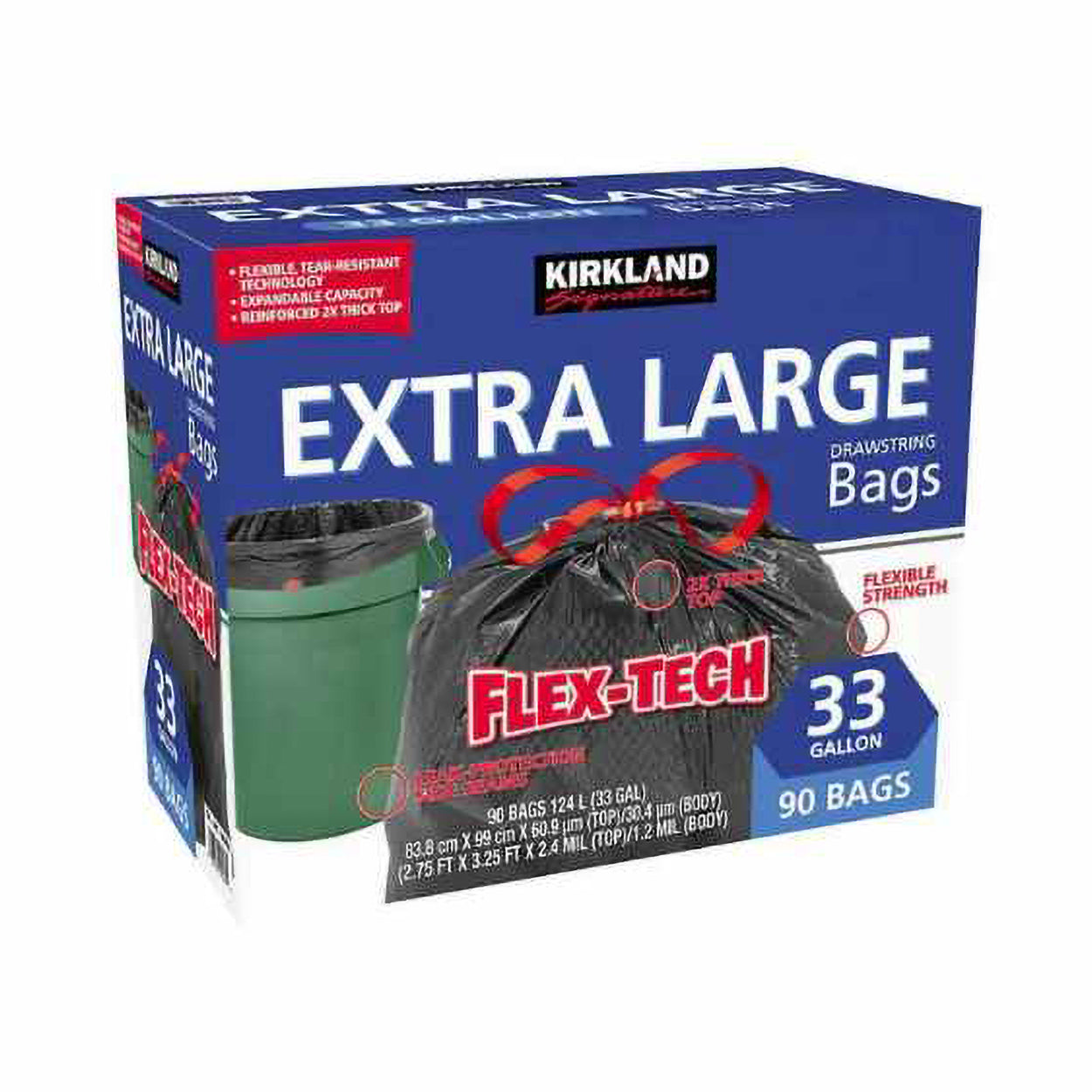 Kirkland Signature 33Gal(124L) Flex-Tech Draw String – 1.2mil 90pc