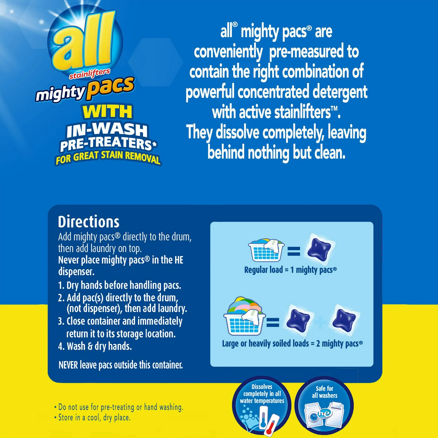 All Mighty Pacs Super Concentrated Laundry Detergent with Stainlifters – 1.41 kg, 72 ct