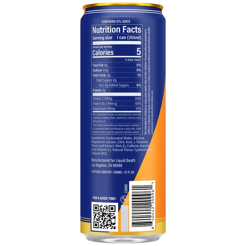 Liquid Death Sparkling Energy Orange Horror Zero Sugar 355ml