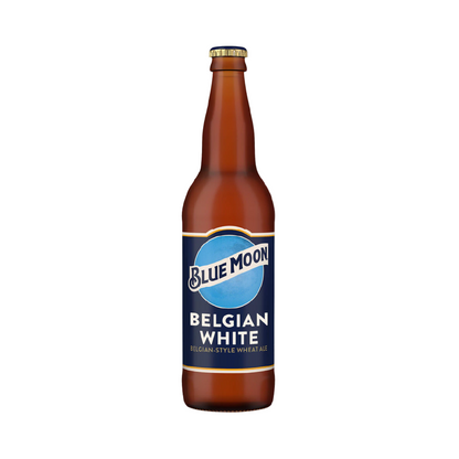 Blue Moon Belgian White beer bottle on a white background