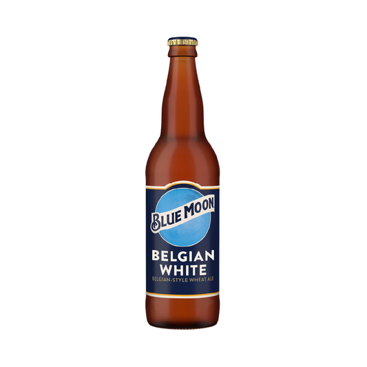Blue Moon Belgian White beer bottle on a white background