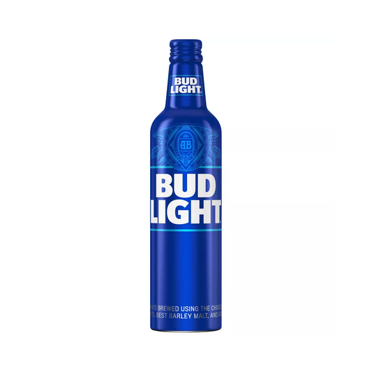 Blue Bud Light bottle on a white background