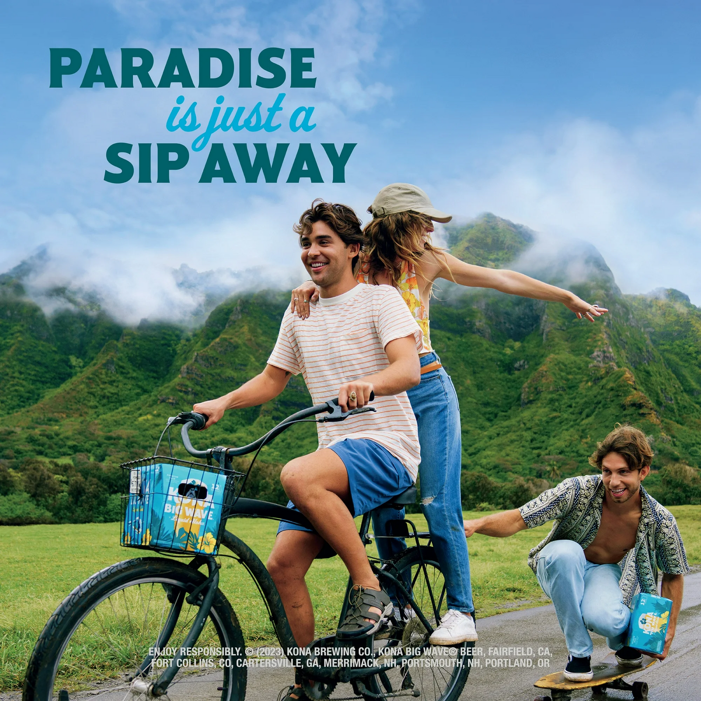 Two people on a bike with a third person on a skateboard, surrounded by mountains and greenery with 'Paradise is just a sip away' text.