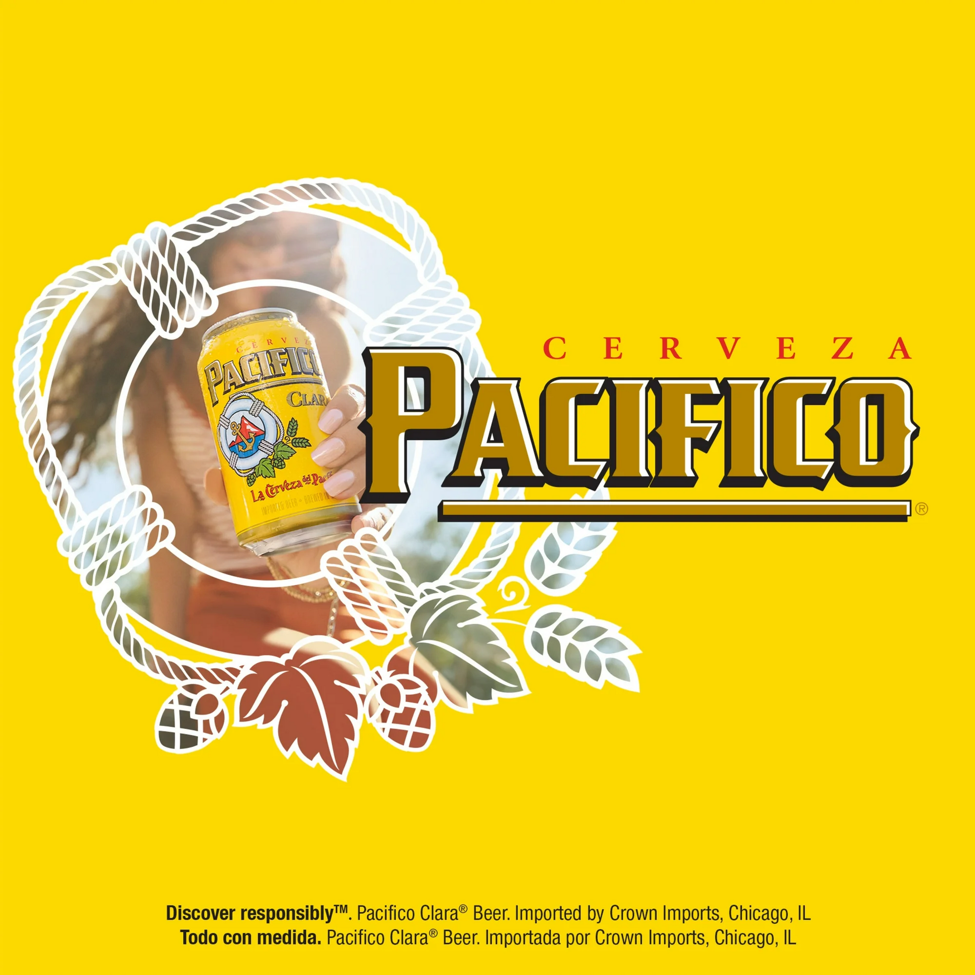 Pacifico Cerveza beer label with a person holding a can on a yellow background