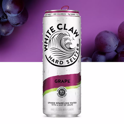 White Claw Hard Seltzer Grape flavor can with grapes in the background