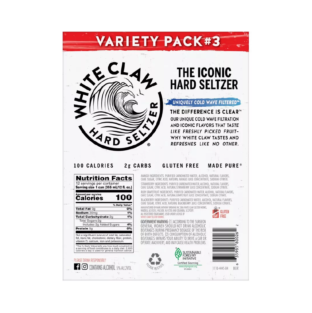 White Claw Hard Seltzer Variety Pack #3 – 355 mL, 12 ct