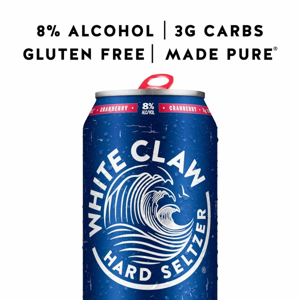 Blue can of White Claw Hard Seltzer with branding and product details on a white background