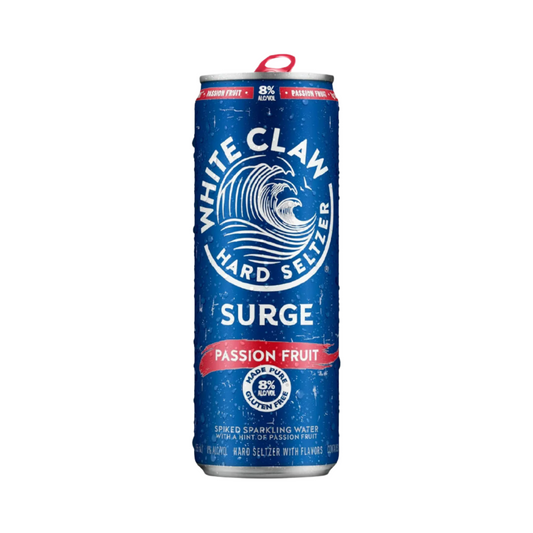 White Claw Hard Seltzer Surge Passion Fruit can on a white background