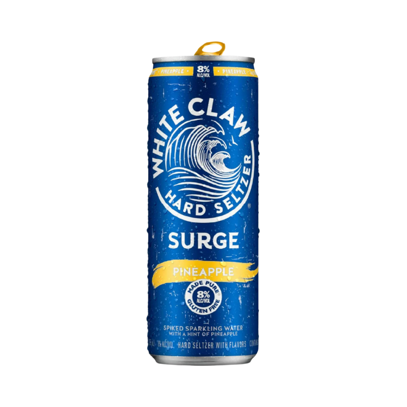 Blue can of White Claw Hard Seltzer Surge Pineapple on a white background