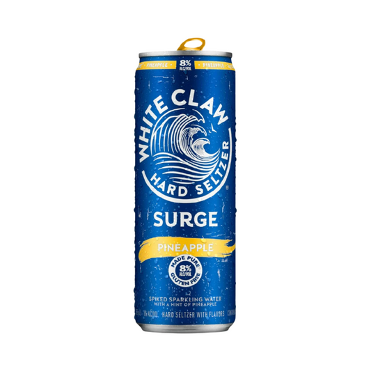 Blue can of White Claw Hard Seltzer Surge Pineapple on a white background