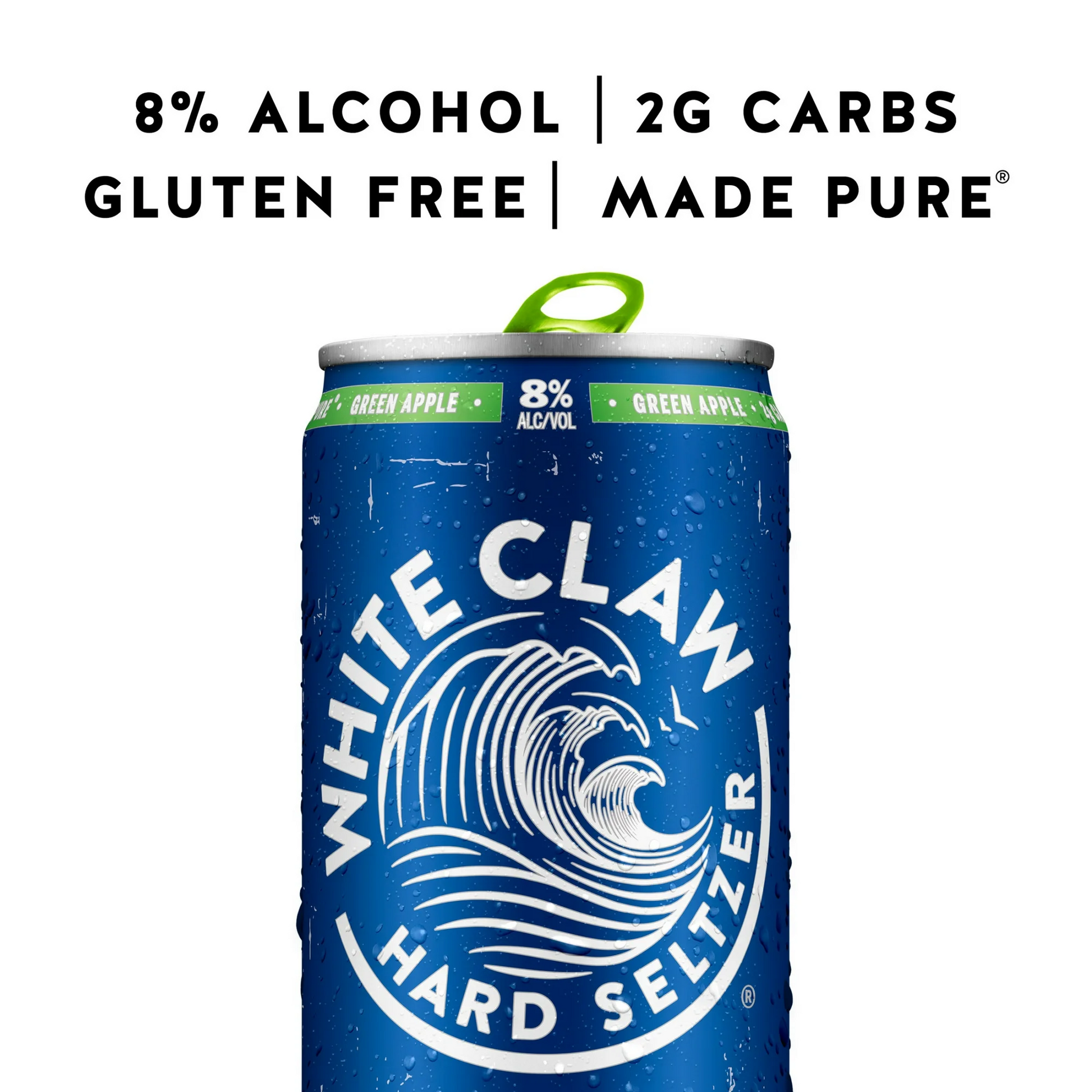 Blue can of White Claw Hard Seltzer with green lid on a white background