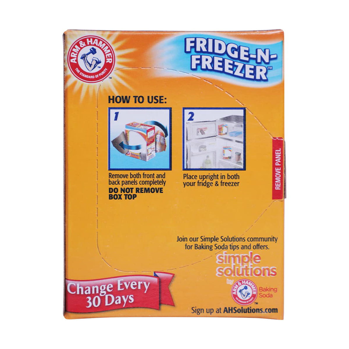 Arm & Hammer Fridge-N-Freezer packaging with usage instructions on a white background