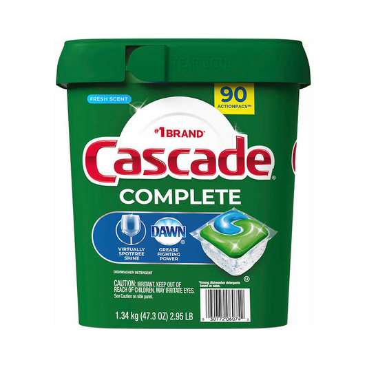 A box of Cascade Complete dishwasher pods with fresh scent, containing 90 pieces - front view