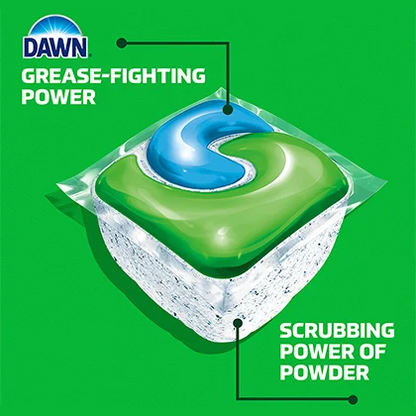 A DAWN dishwashing pod on a green background.