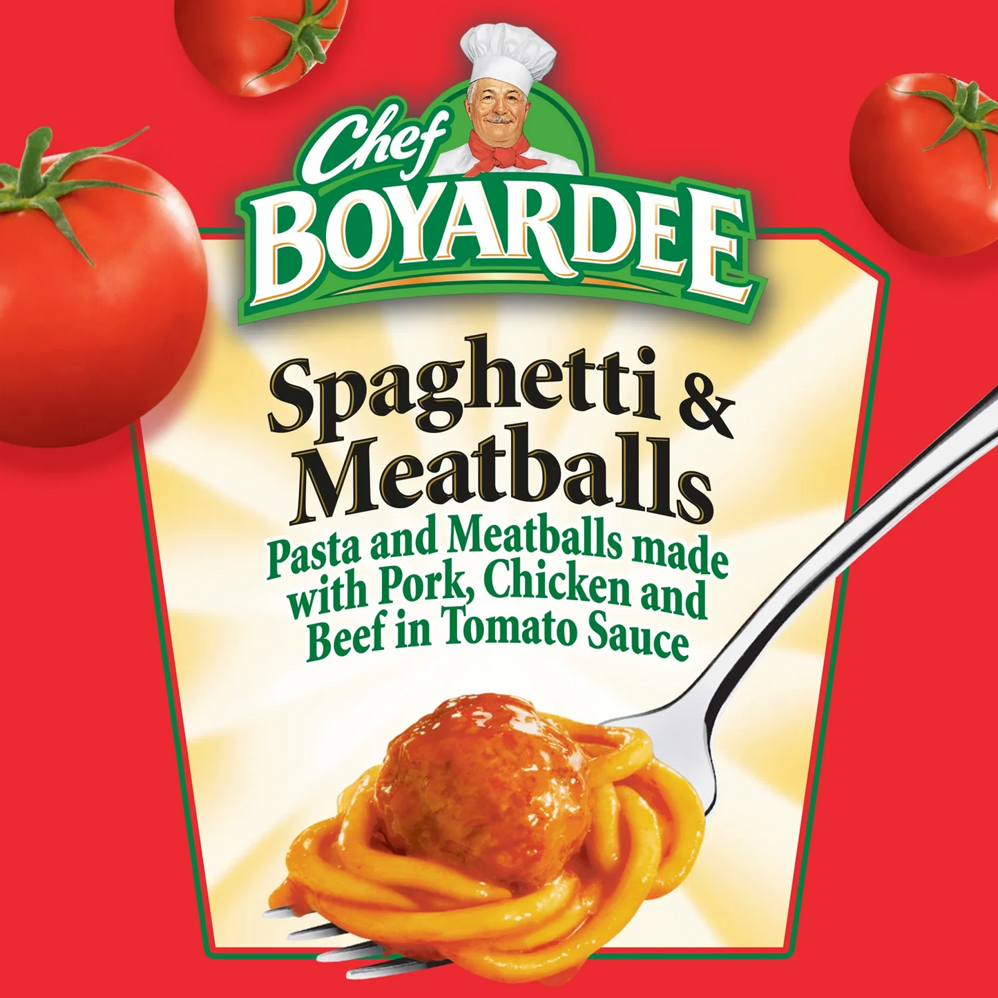 Chef Boyardee Spaghetti & Meatballs packaging on a red background with tomatoes.