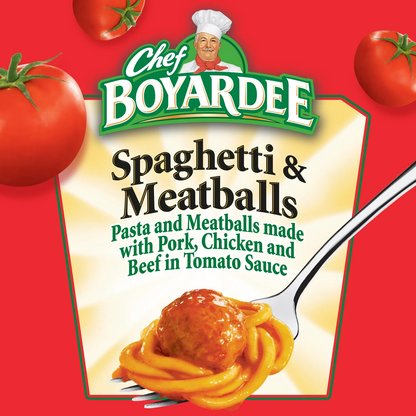 Chef Boyardee Spaghetti & Meatballs packaging on a red background with tomatoes.
