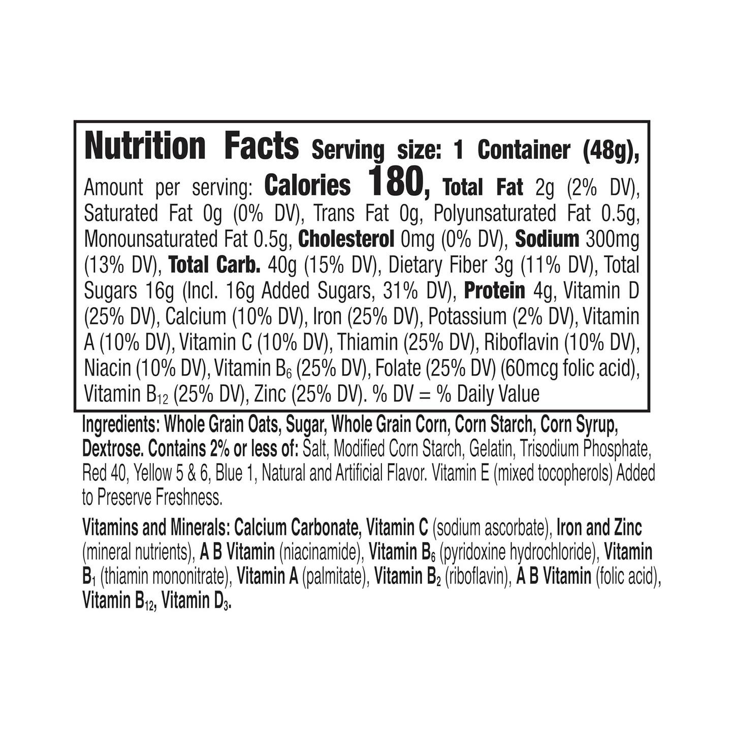 Nutrition facts label for a product with detailed information on calories, nutrients, and ingredients.