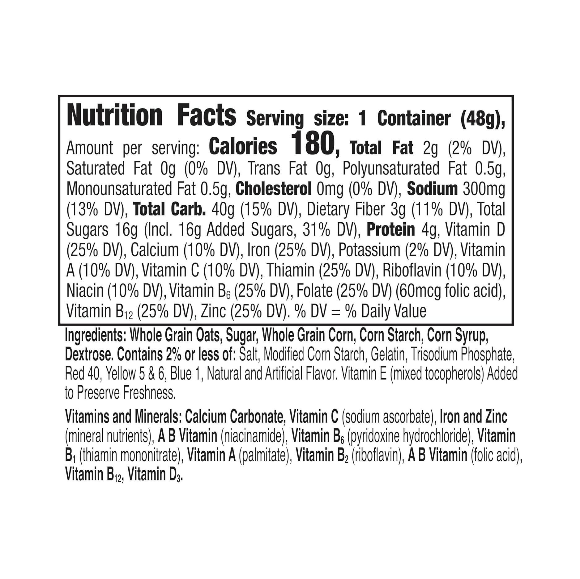 Nutrition facts label for a product with detailed information on calories, nutrients, and ingredients.