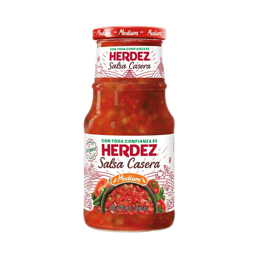 Jar of Herdez Salsa Casera with red and white label on a white background