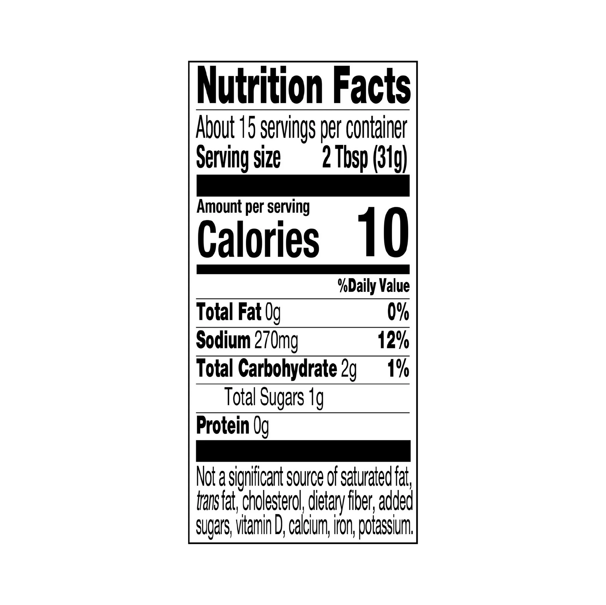 Nutrition facts label for a product with serving size, calories, fat, sodium, carbohydrate, sugar, and protein information.