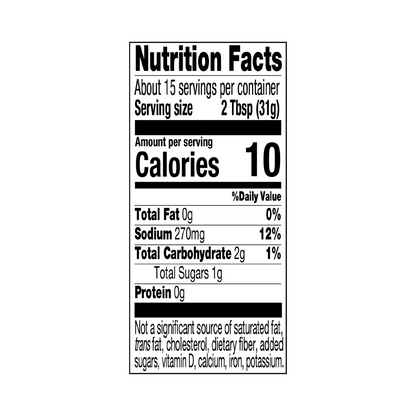Nutrition facts label for a product with serving size, calories, fat, sodium, carbohydrate, sugar, and protein information.