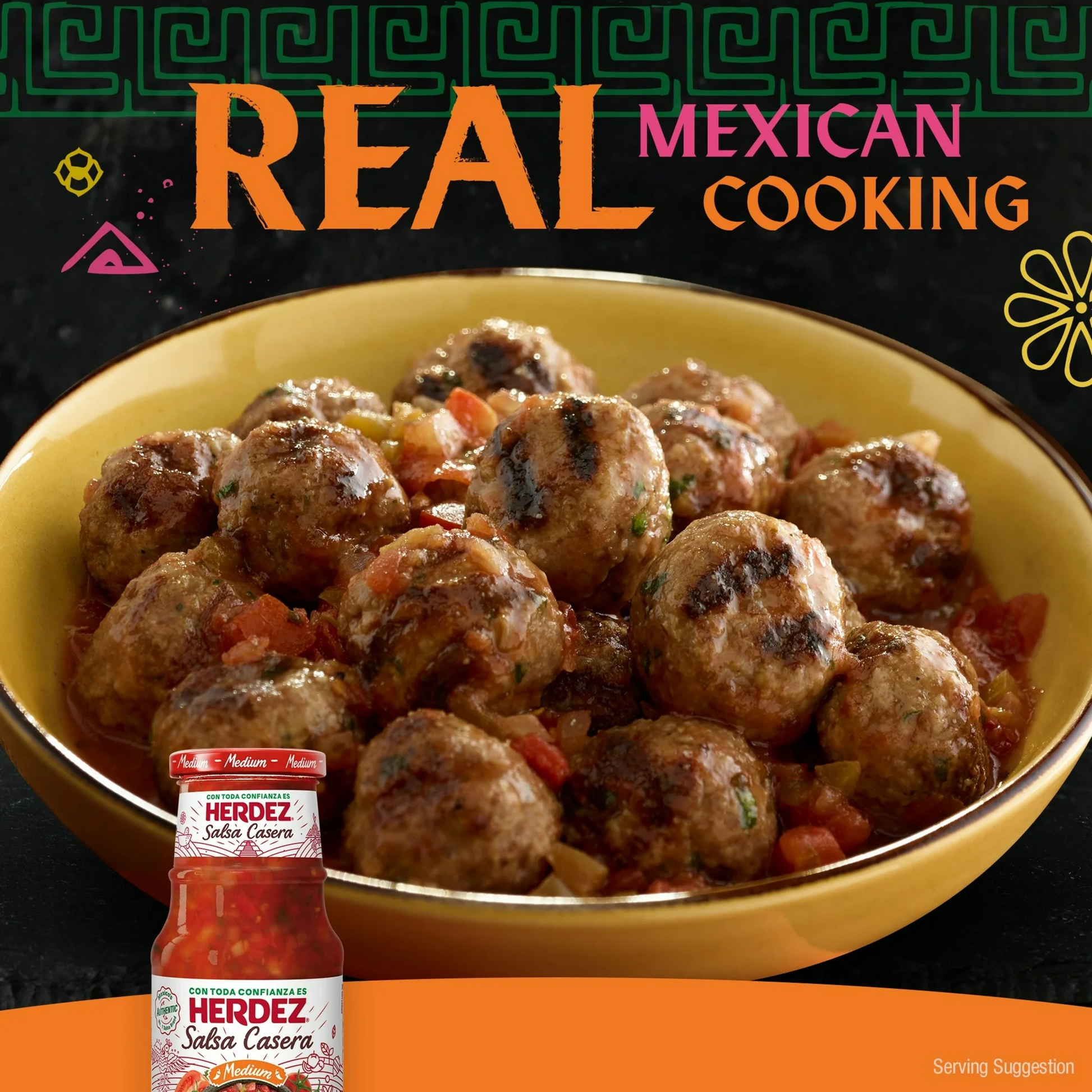 Bowl of meatballs with a bottle of Herdez salsa casera on a black background with text 'Real Mexican Cooking'.