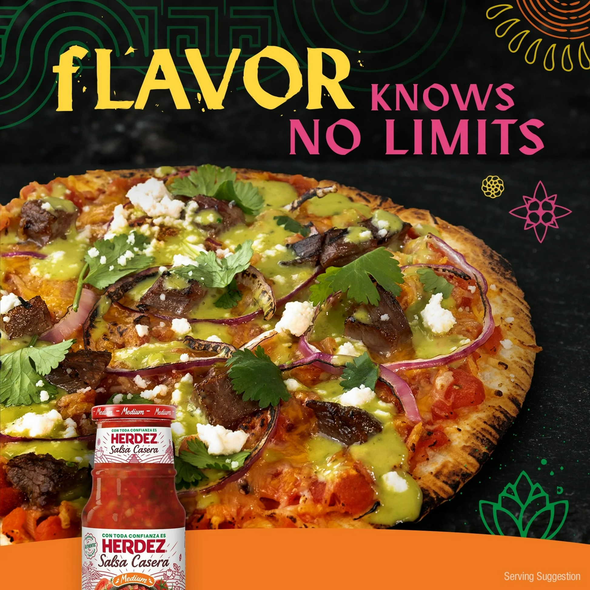 Pizza with various toppings and a bottle of Herdez Salsa Casera on a dark background with 'FLAVOR KNOWS NO LIMITS' text.