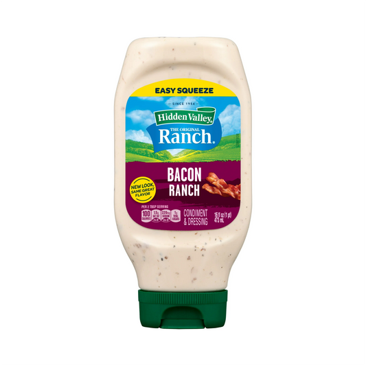 Hidden Valley Bacon Ranch dressing bottle on a white background