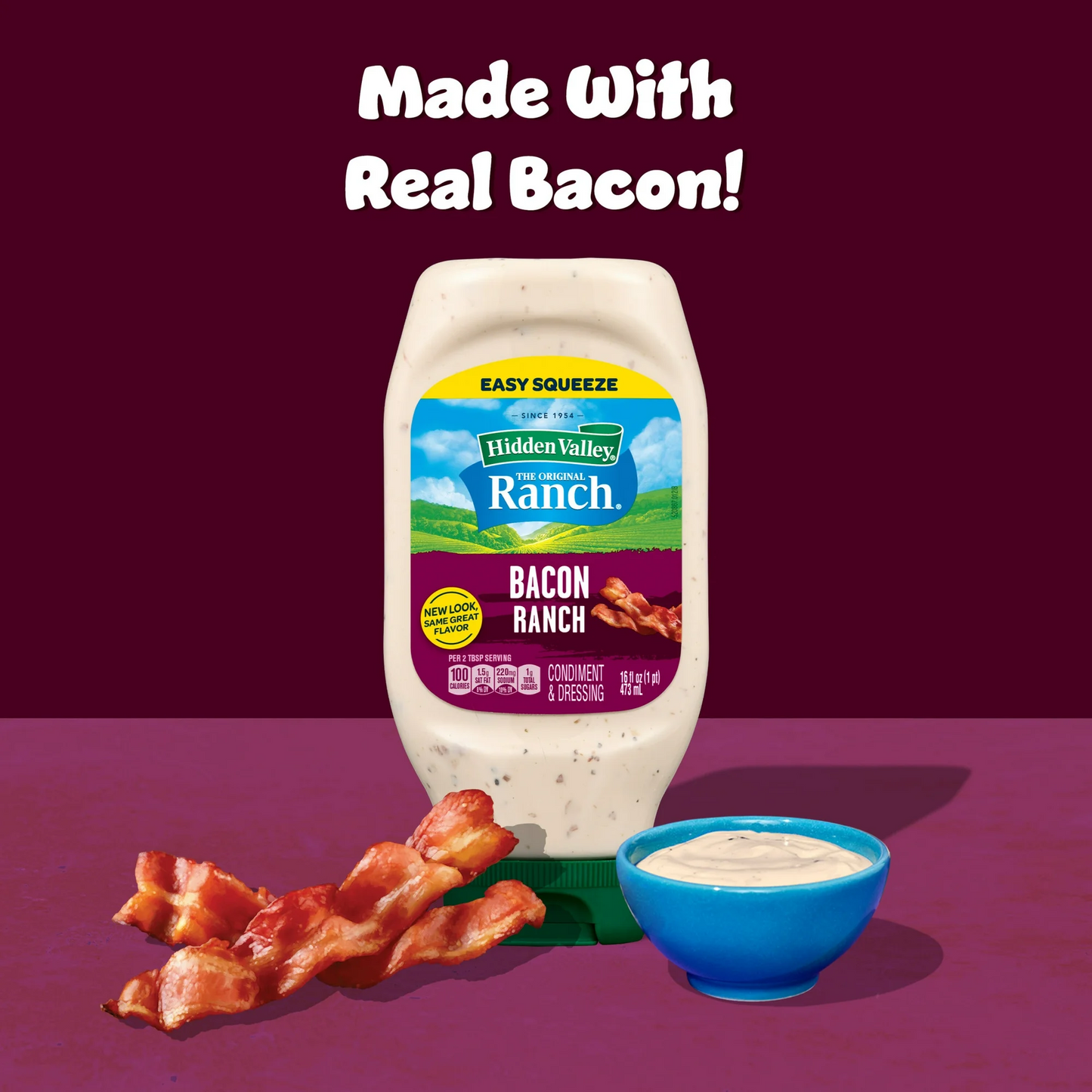 Hidden Valley Bacon Ranch dressing with bacon and a bowl of dressing on a purple background