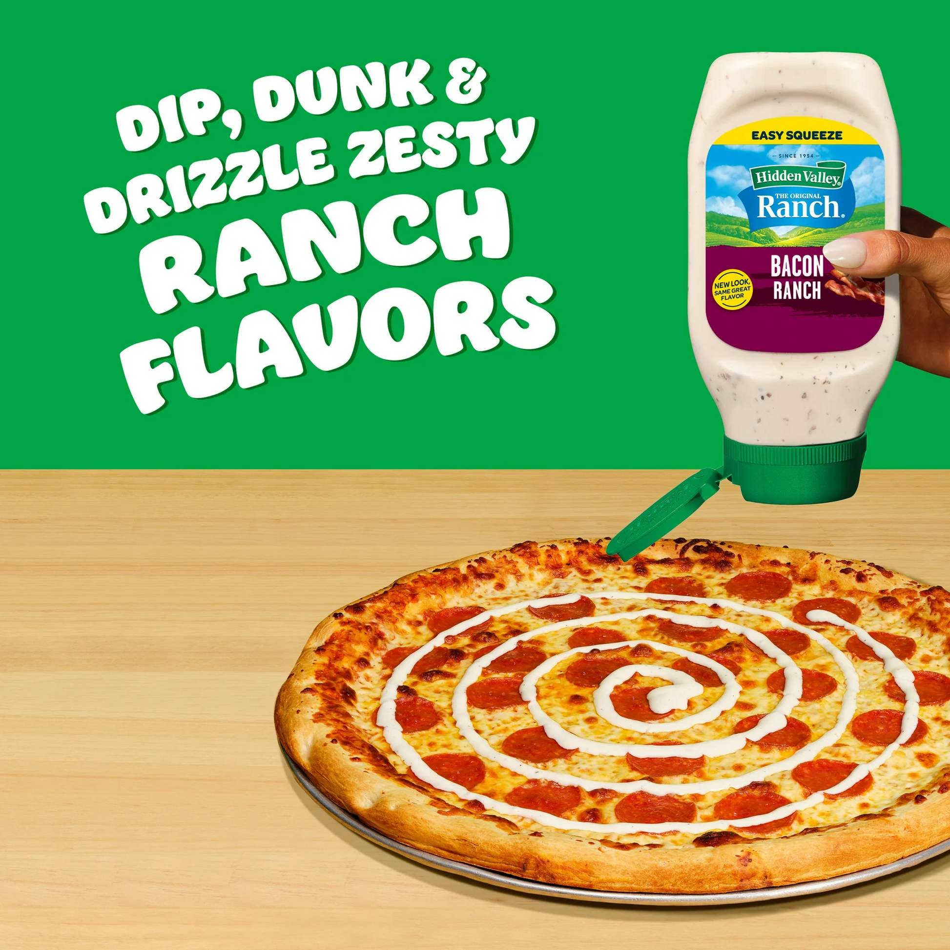 Hidden Valley Bacon Ranch dressing being drizzled onto a pizza with text about ranch flavors.