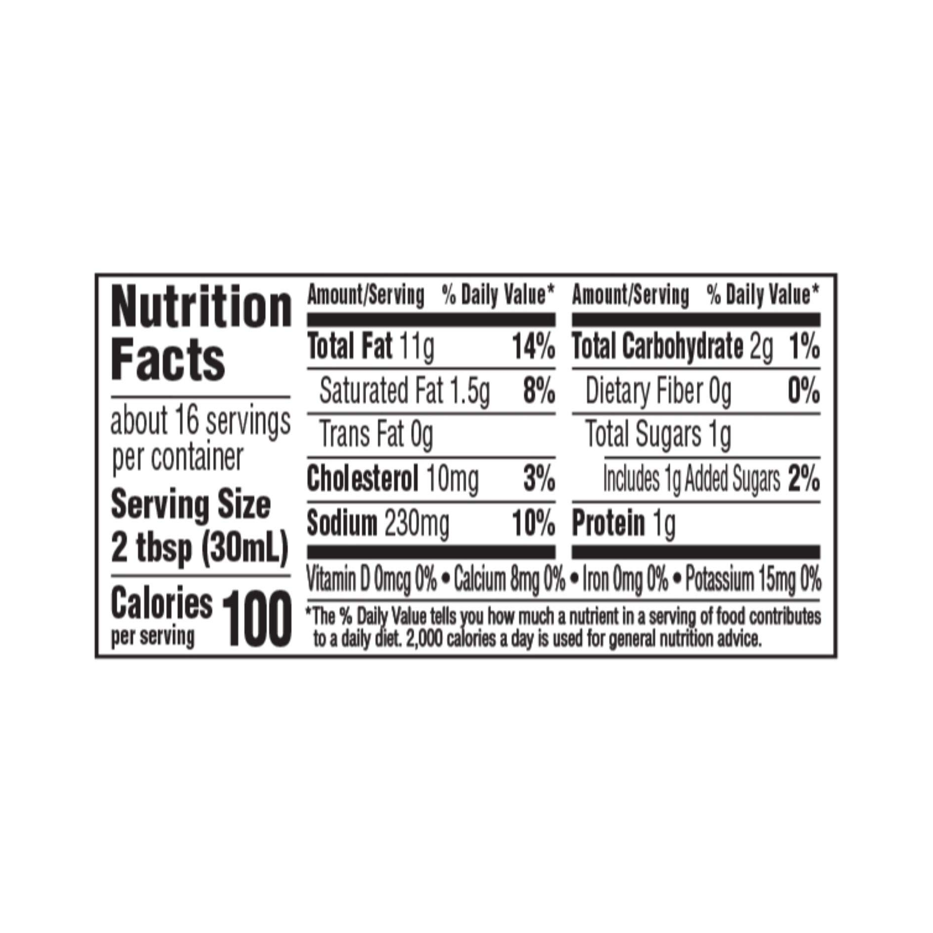 Nutrition facts label for a product with serving size, calories, and nutritional content.