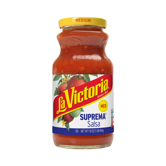 Jar of La Victoria Suprema Salsa on a white background