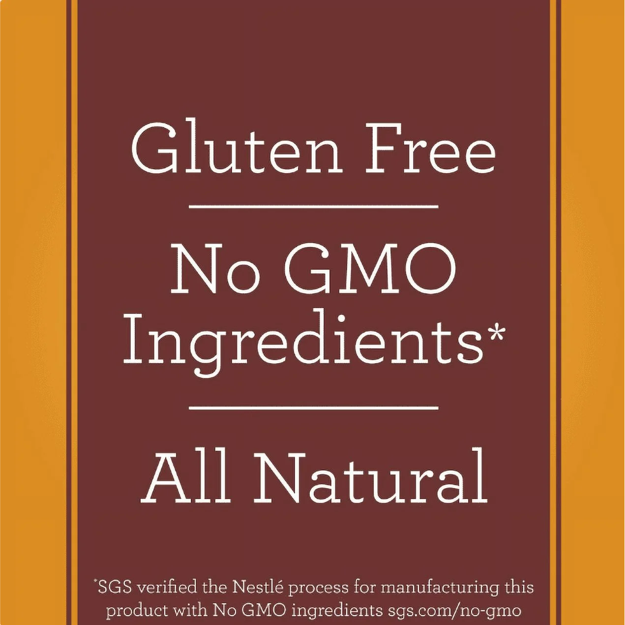 Product label with 'Gluten Free', 'No GMO Ingredients*', and 'All Natural' text on a brown background.