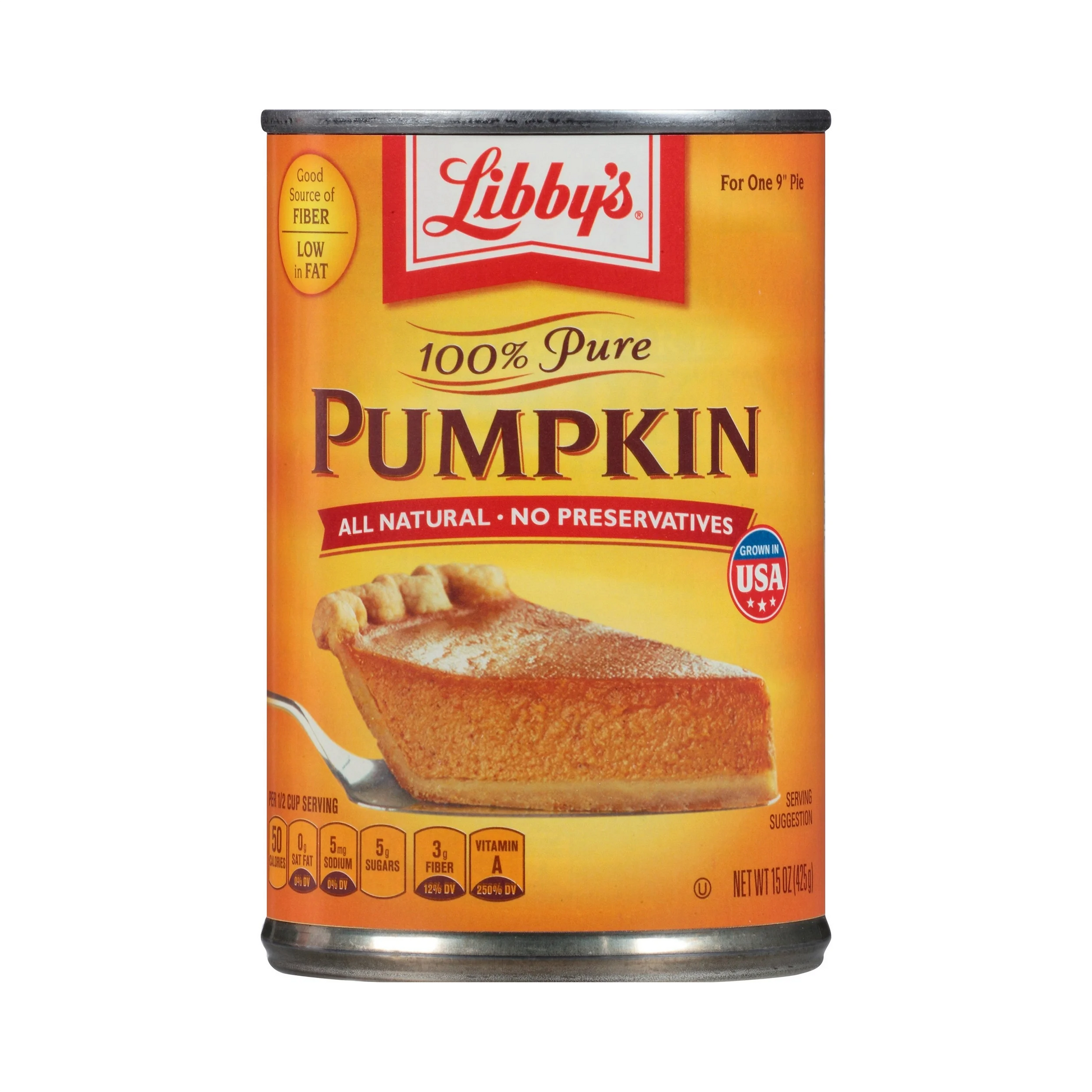 Can of Libby's 100% Pure Pumpkin on a white background
