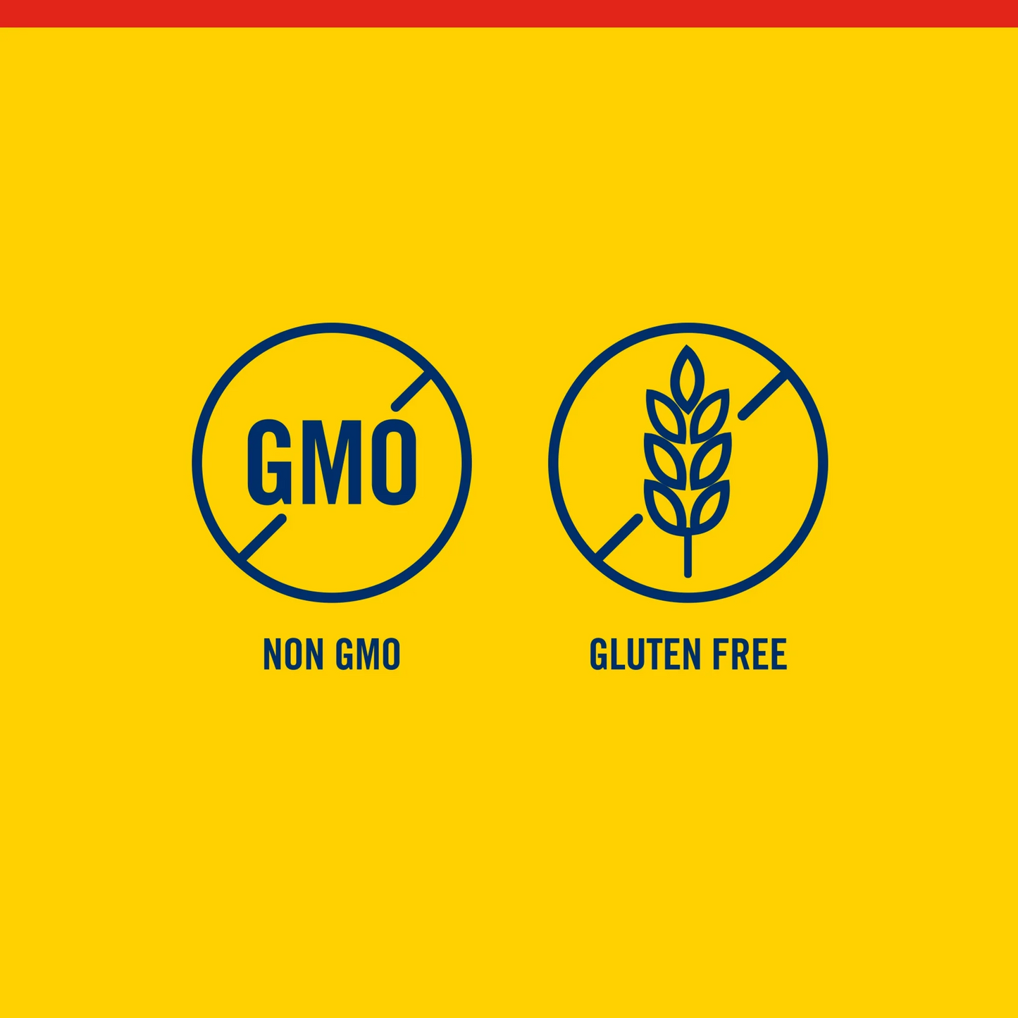 Two icons on a yellow background, one indicating 'Non GMO' and the other 'Gluten Free'.