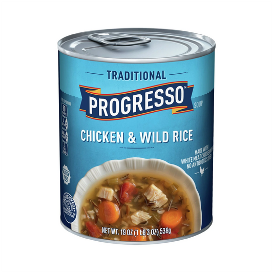 Can of Progresso Traditional Chicken & Wild Rice Soup on a white background
