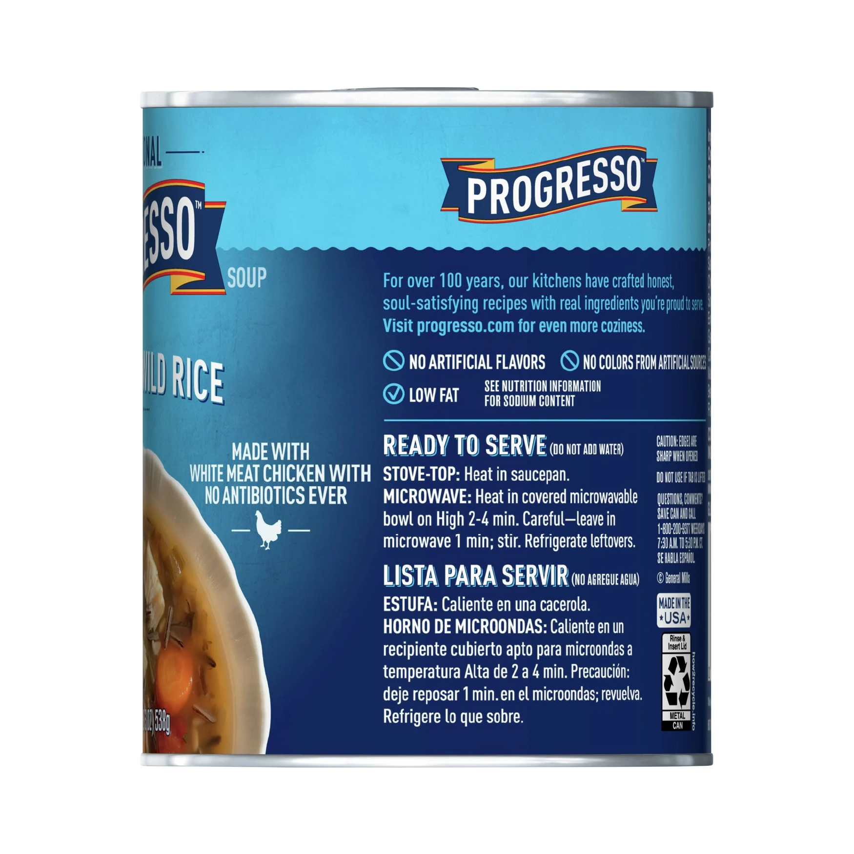 Can of Progresso Chicken and Wild Rice Soup with blue label