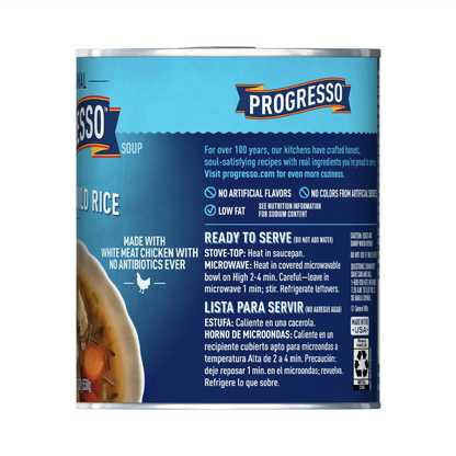 Can of Progresso Chicken and Wild Rice Soup with blue label