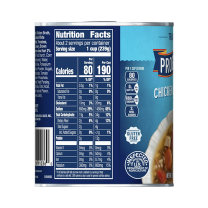 Can of Progresso Chicken Broth with nutrition facts label on a white background
