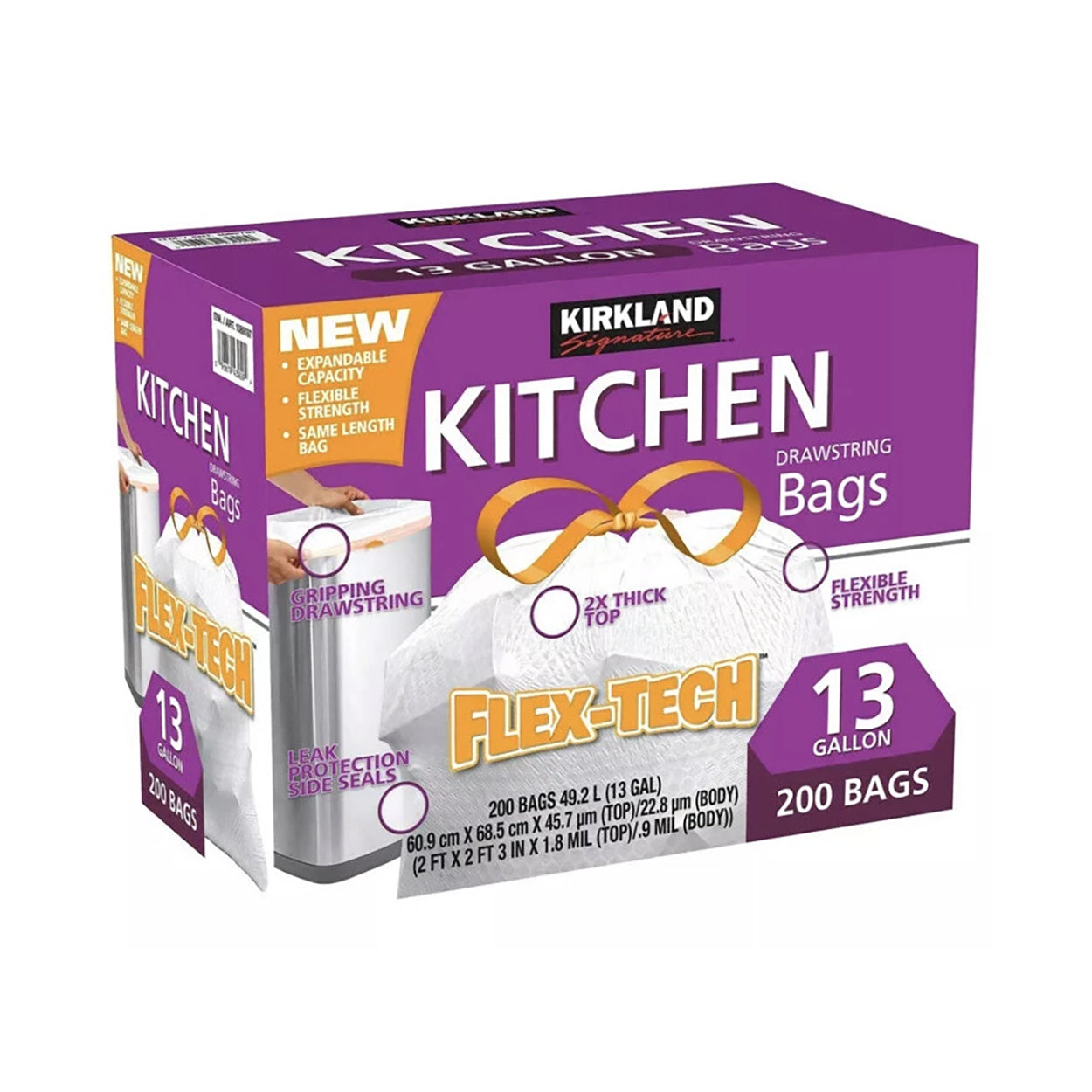 Kirkland Signature 13 Gal Flex-Tech Draw String – 0.9 mil 200 pc