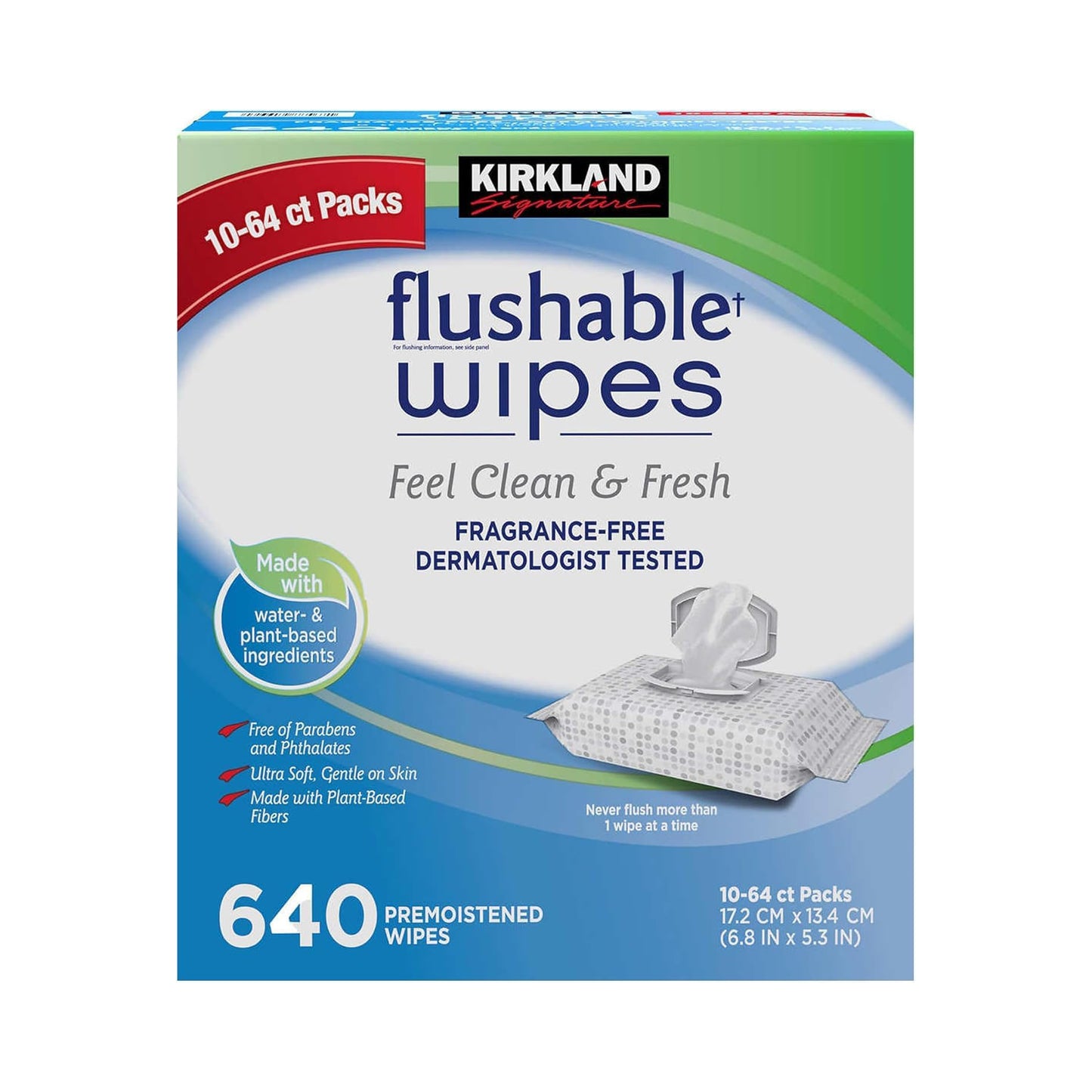Kirkland Signature Flushable Wipes Cloth Size 17.2x13.4cm – 64s 10ct