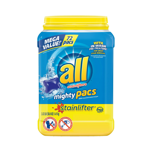 All Mighty Pacs Super Concentrated Laundry Detergent with Stainlifters – 1.41 kg, 72 ct